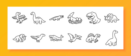 Dinosaur animals set icon. Line icons depict various prehistoric creatures including flying reptile, long neck dinosaur, aquatic reptile, nest with eggs, predator dinosaur, horned dinosaur © Кирилл Макаров