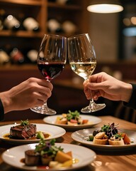 Obraz premium Wine glasses clink during a toast over a dinner plates feature gourmet meals and side dishes.. Hands hold wine glasses for a celebratory toast. 
