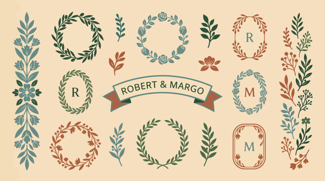 Vintage floral wreath monograms and botanical frames wedding banner vector set