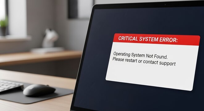Laptop displaying critical system error with message about operating system not found. Error notification prompts user to restart or contact support.