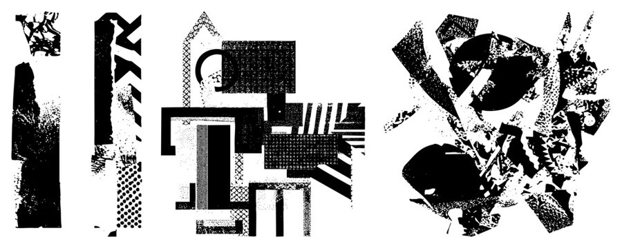 This experimental assemblage features gritty collage elements and brutalist blocks. These punk scraps and zine style textures create a raw visual language of distressed shapes and halftone.
