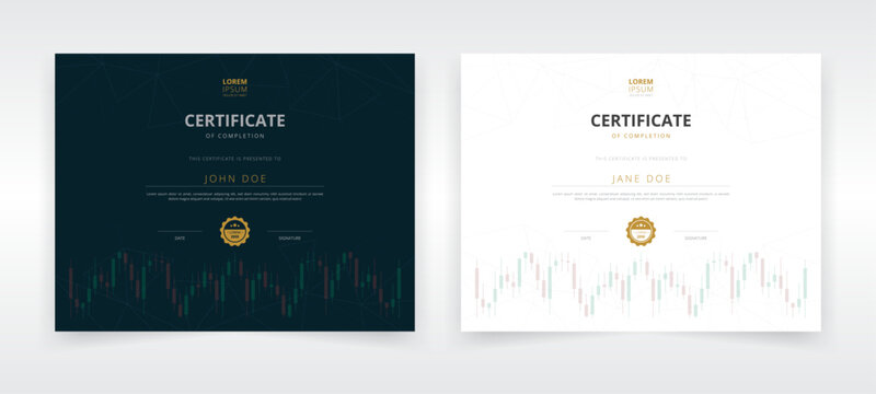 Certificate template for trading course or financial diploma featuring candlestick chart and geometric network pattern with dark and light theme landscape vector layout