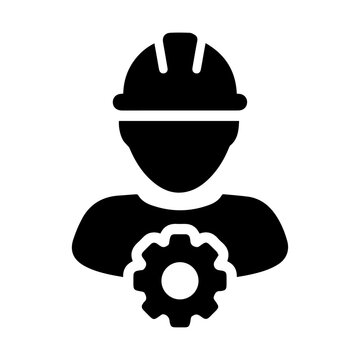 Engineer avatar icon with gear, black solid vector illustration of construction worker with safety helmet for application user profile admin dashboard, technical support team, and maintenance service
