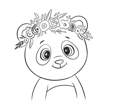 Cute panda with flower crown for kids art activity and coloring fun in a simple design for drawing enjoyment
