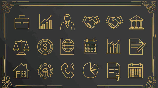 Elegant Art Deco Style Gold Business and Finance Icon Set
