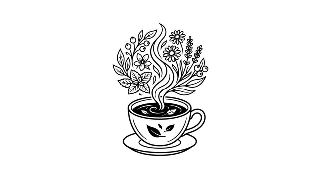 Steaming cup of coffee with flowers.