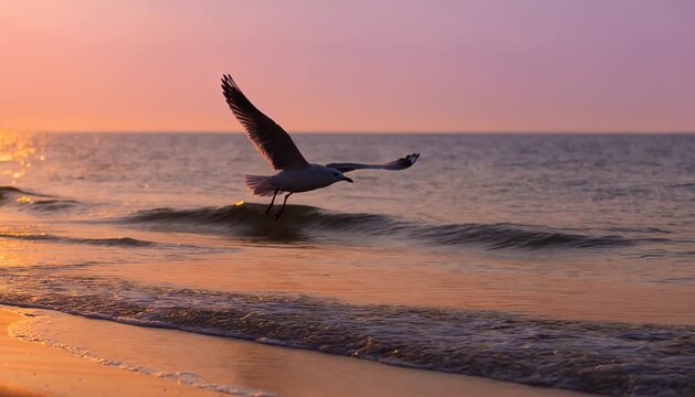 Graceful seagull flying over the ocean waves at sunset on a tropical beach with golden light reflecting on the water, ideal for travel, vacation, and nature backgrounds.