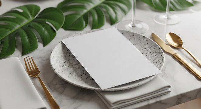 Blank white menu card on speckled ceramic plate with gold cutlery, linen napkin and green tropical leaves on marble table, elegant restaurant table setting mockup.