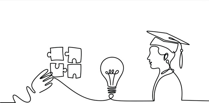Graduation cap on head of person connected to puzzle pieces and lightbulb by single line