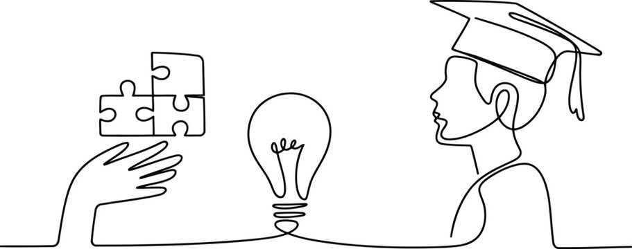 Graduation cap on head of person connected to puzzle pieces and lightbulb by single line