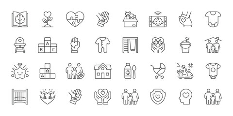Childcare icons in line design. childcare, children, care, parenting, family, babysitting, development on white background vector. Childcare editable stroke icon