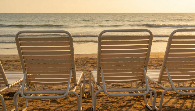 Row of empty beach lounge chairs facing the calm ocean waves during a golden sunset on a tropical sandy shore, perfect for travel, vacation, and relaxation concepts.