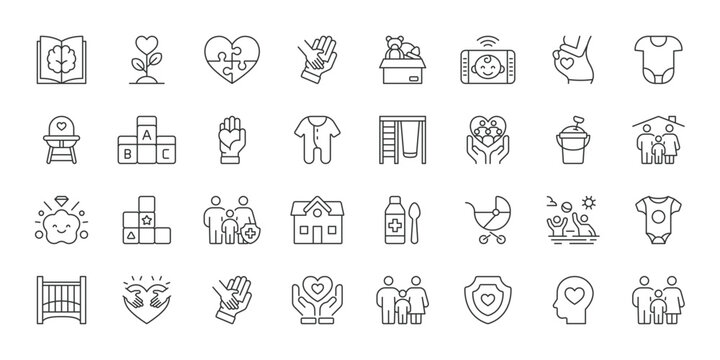 Childcare icons in line design. childcare, children, care, parenting, family, babysitting, development on white background vector. Childcare editable stroke icon