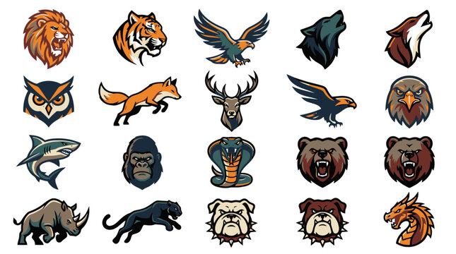 Various cartoon animal heads and icons.