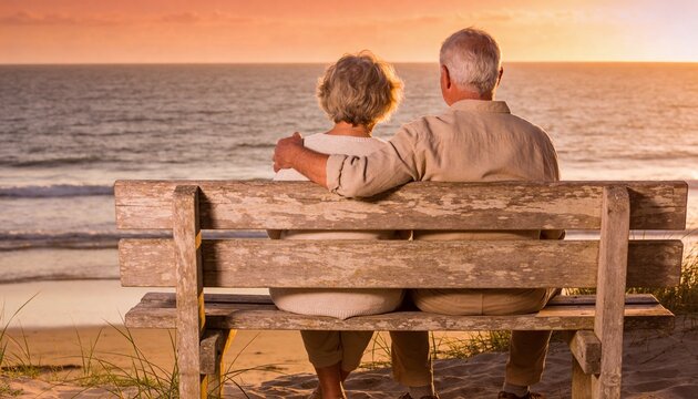 Rear view of an elderly couple sitting on a wooden bench at the beach during a golden sunset, embracing and watching the ocean waves for retirement lifestyle concept.