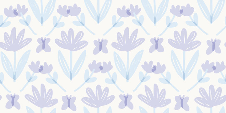 Pastel purple seamless pattern with tulip flowers and butterflies
