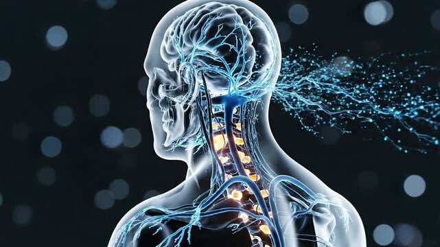 Futuristic Visualization Of Human Brain And Spinal Cord Illustrating Neural Connections In A Dark Background With Blue Light Effects