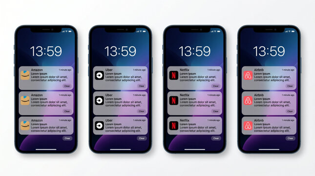 iOS notification mockup with smartphone iPhone 16 pro max template. Amazon Uber Netflix Airbnb mobile app lock screen UI design. Push alerts message notification display. Digital interface frame.