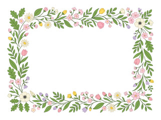 Fototapeta premium Floral frame border decorated with colorful spring flowers and green leaves on white background design