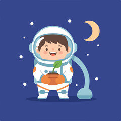 Fototapeta premium A cute vector illustration of a boy astronaut in a space suit holding a small plant against a dark blue starry sky with a crescent moon.