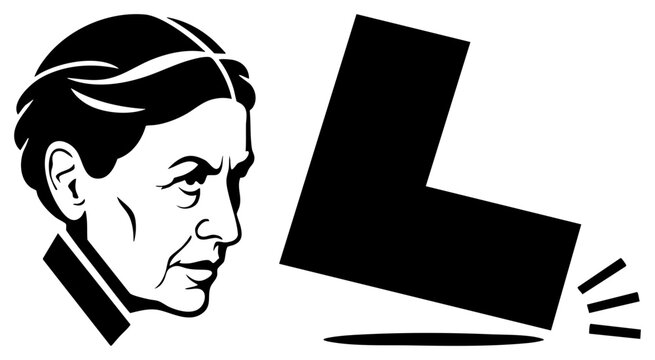 High contrast stencil of an aged matron or granny, paired with a bold geometric L shape. This graphic features a weathered face and abstract silhouette for a modern aesthetic.