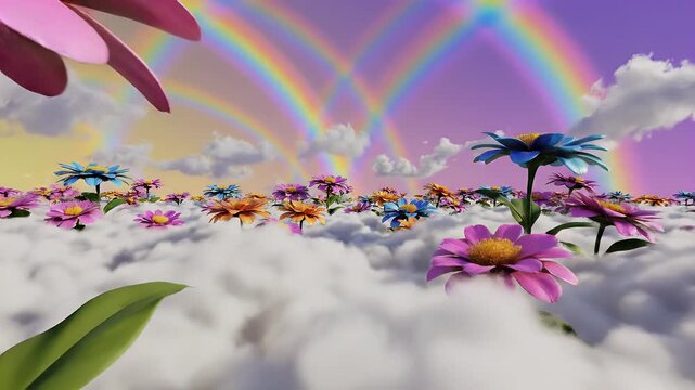 Whimsical, surreal landscape of vibrant flowers blooming in clouds under a sky with double rainbows