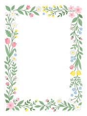 Fototapeta premium Floral border frame decorated with colorful spring wildflowers and green leaves on a white background