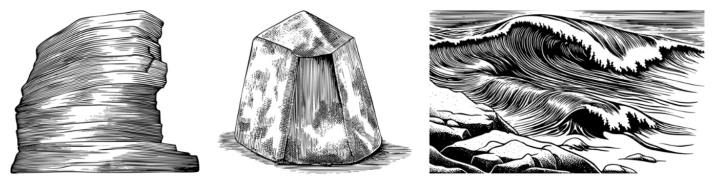 Powerful sea swells and heavy boulders meet the shore in this hand drawn engraving. Features crashing breakers, maritime boulders, and rugged stone formations in a classic linocut style.