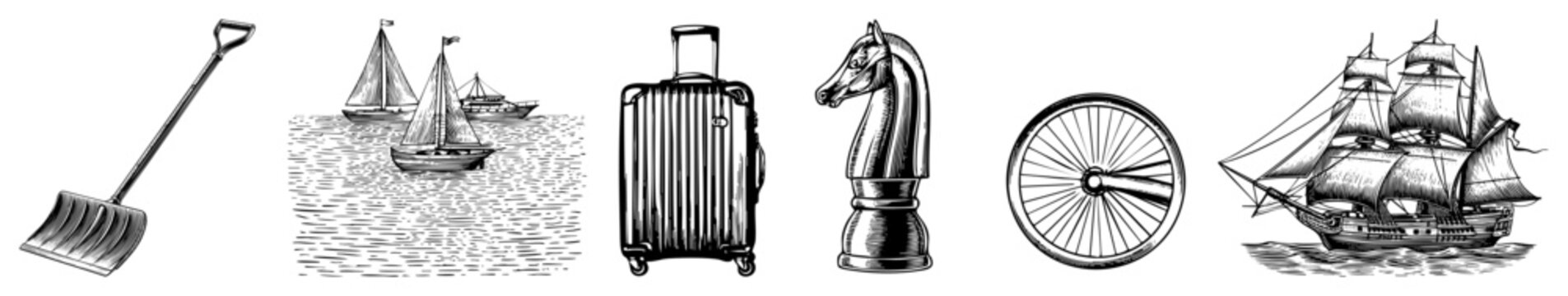 Collection of hand drawn etchings featuring a classic sailing vessel, a travel suitcase, a knight piece, and a nautical wheel. These woodcut style sketches include a spade and sailboats.