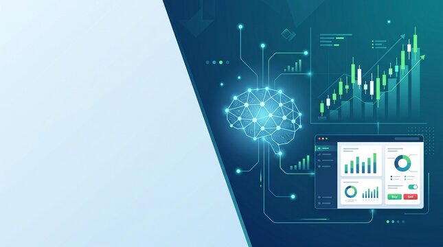 Artificial intelligence secure stock trading concept with glowing neural network brain buy & sell dashboard and market chart diagonal copy space banner