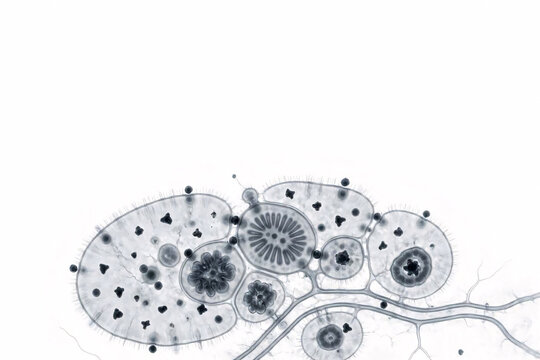 Grayscale electron microscope style 3D illustration of nanoplastic particles infiltrating human lung cells isolated on white