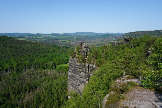 Scenic panorama of the green forests of Elbtal (Elbe Valley) from the peak of the Schrammsteine mountains in Saxon Switzerland, Saxony, Germany