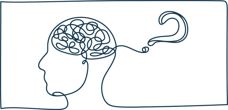 Single line of a human head profile with a tangled mess of lines inside representing confusion and a question mark
