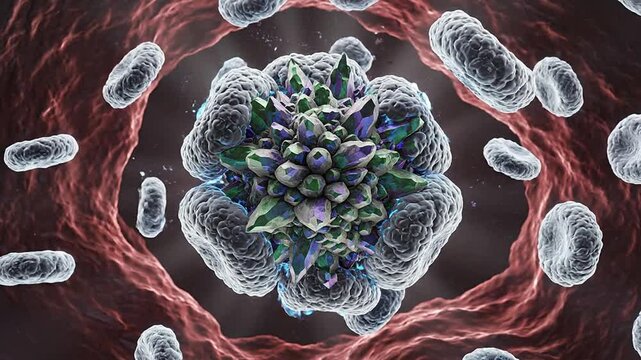 Intricate 3D Rendering of a Viral Structure Surrounded by Cellular Environment in a Medical and Scientific Context