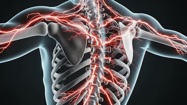 Intricate 3D Visualization of Human Spine and Shoulder Anatomy with Highlighted Nerve Luminescence for Medical and Scientific Illustration