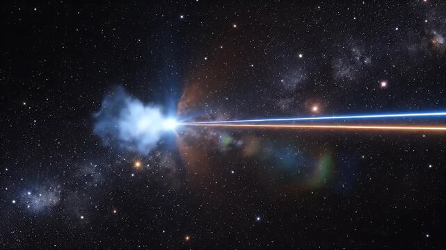 Two bright beams of light traverse the starry expanse of deep space