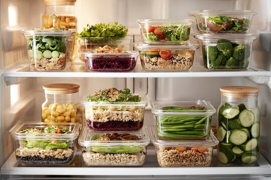 Neatly Organized Refrigerator Shelves Stocked with Fresh Prepared Meals and Ingredients for Healthy Eating