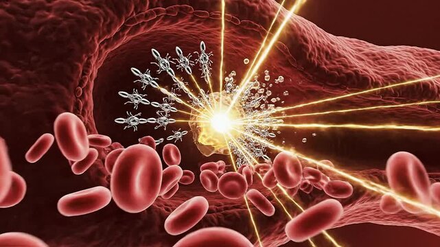 Intricate Visualization of Cellular Interaction with Light Energy Inside a Blood Vessel Highlighting Red Blood Cells and Molecular Reactions in Medical Research