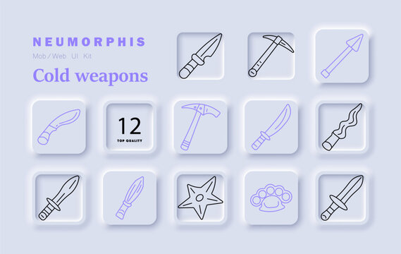 Cold weapons set icon. Knife blade, pickaxe tool, spear tip, curved dagger, axe weapon, machete, wavy blade, short sword, throwing star, knuckle guard, combat knife linear shapes.
