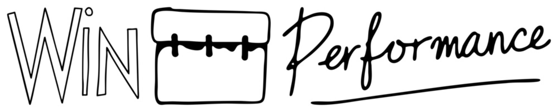 Stylized doodle lettering featuring the words Win and Performance alongside a simple doodle box. This hand drawn scrawl and scribble art provides a casual, organic vibe for creative projects.