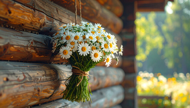 Daisy bouquet hanging on log wall