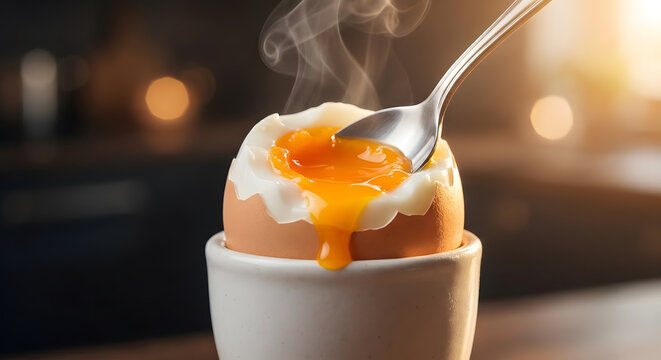 Soft boiled egg in ceramic cup with runny orange yolk