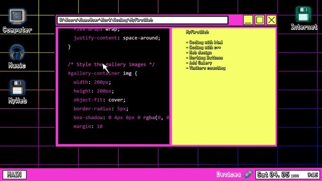 Retro operating system interface background with animated pixel art computer icons and web development code window