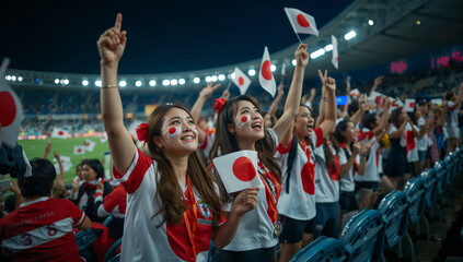 Fototapeta premium スタジアムで国旗ペイントの日本人たちが声援を送る写真