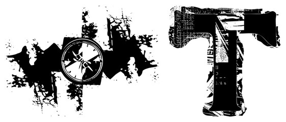 Obraz premium Gritty textured letter T featuring urban decay alongside a messy ink blot or blotch. This distressed typeface and splat style graphic offer a raw, punk aesthetic.