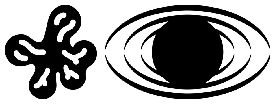 Striking graphic featuring a large lidless eyeball alongside an organic protoplasm blob, rendered in a heavy stencil style. This minimalist duo uses thick and fluid shapes.