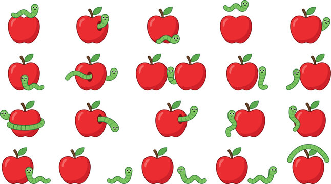 Apple and Worm Illustration Featuring Playful and Food Scenes in Vector Artwork
