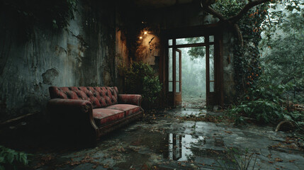 Obraz premium Abandoned Room with Old Sofa Overgrown with Plants and Vines in Rainy Forgotten Interior