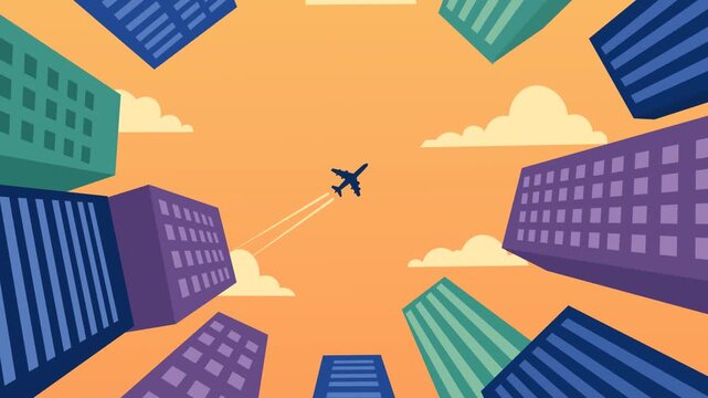 Airplane Flying Above City Skyscrapers At Sunset, Looking Up View of  Urban Skyline Flat Design Animation. Worm's Eye  Between Tall Buildings Toward Orange Sunset Sky With Soft Clouds and Flying Plan
