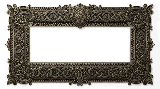 Celtic knotwork border vector, ornate bronze frame with triskelion shield, medieval viking style decorative edge for certificates and invitations